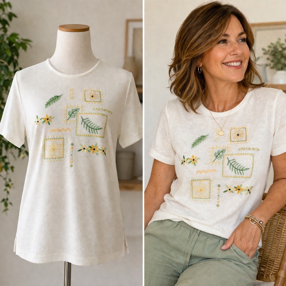 BonWorth Embroidered Floral Knit Top Medium White Short Sleeve Crew Neck Casual